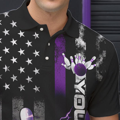 Custom Black And Purple Thin Line American Flag Patriotic US Bowling Team Polo Shirts For Men IPHW8517