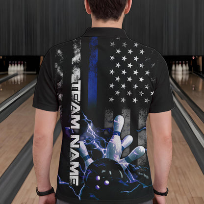 Custom Black And Blue Thin Line American Flag Patriotic US Bowling Team Polo Shirts For Men IPHW8518