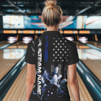 Custom Black And Blue Thin Line American Flag Patriotic US Bowling Polo Shirts For Women IPHW8518