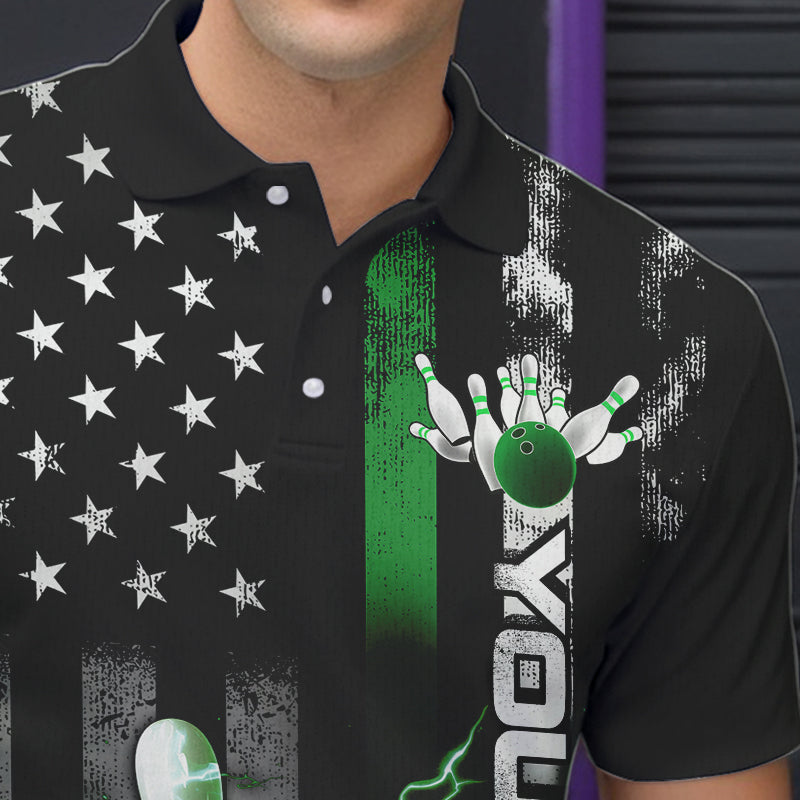 Custom Black And Green Thin Line American Flag Patriotic US Bowling Team Polo Shirts For Men IPHW8519