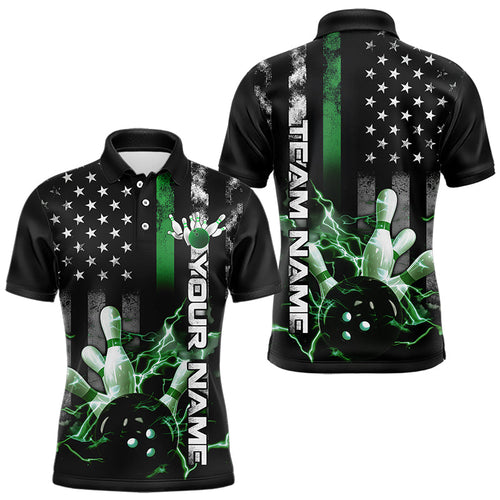 Custom Black And Green Thin Line American Flag Patriotic US Bowling Team Polo Shirts For Men IPHW8519