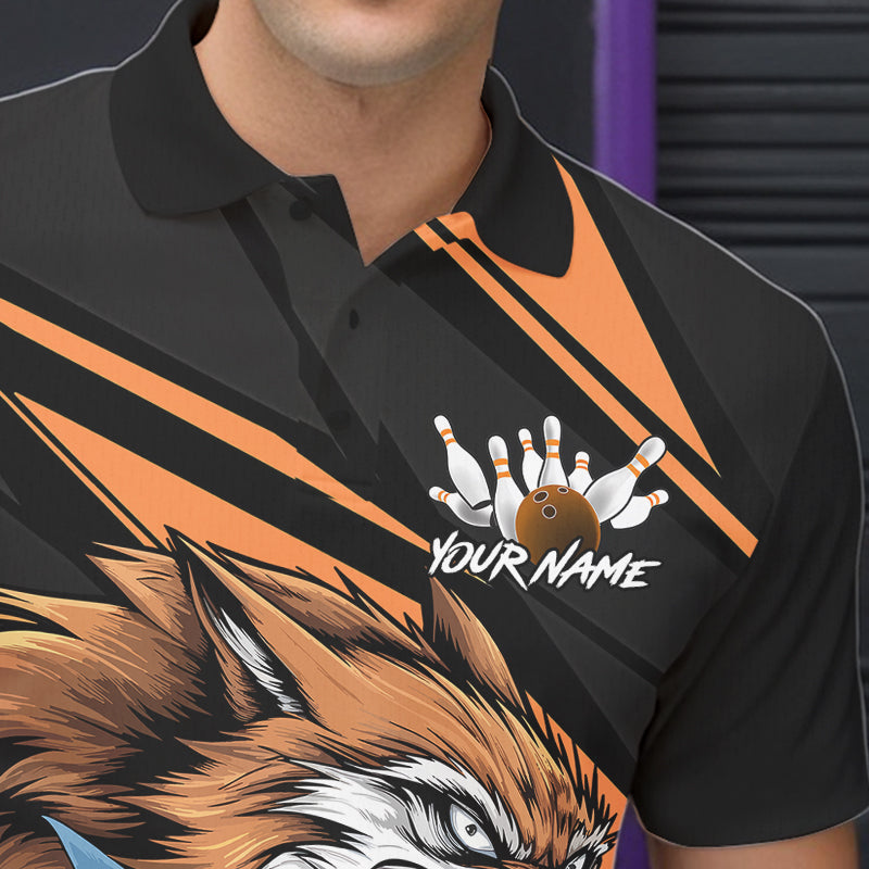 Custom Black And Orange Wolf Bowling Team Polo Shirts For Men, Wolf Bowling Jerseys IPHW8713