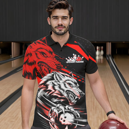 Custom Black And Red Wolf Bowling Men Polo Shirts, Wolf Bowling League Shirt Team Uniform IPHW8714