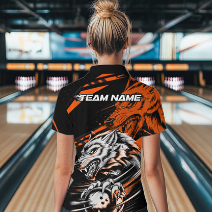 Custom Black And Orange Wolf Bowling Women Quarter-Zip Shirt, Bowling League Team Shirt IPHW8715