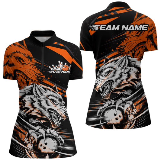 Custom Black And Orange Wolf Bowling Women Quarter-Zip Shirt, Bowling League Team Shirt IPHW8715
