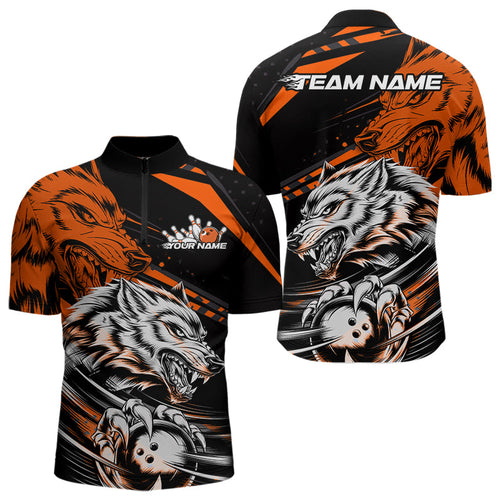 Custom Black And Orange Wolf Bowling Men Quarter-Zip Shirts, Wolf Bowling League Shirt Team Uniform IPHW8715
