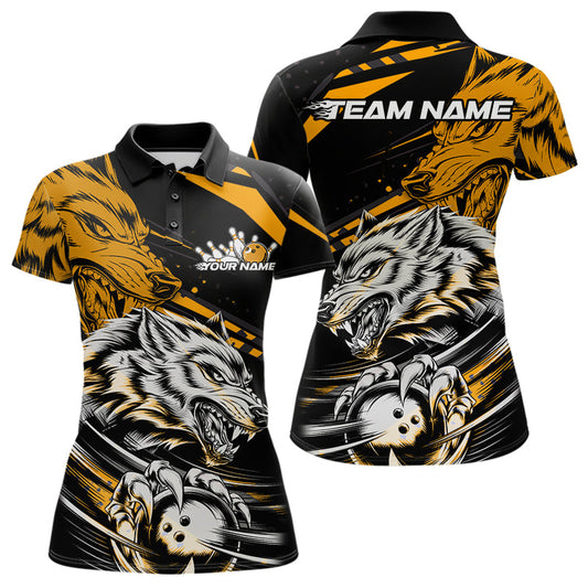 Custom Black And Yellow Wolf Bowling Women Polo Shirts, Wolf Bowling League Team Shirt IPHW8716