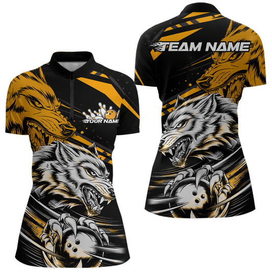 Custom Black And Yellow Wolf Bowling Women Quarter-Zip Shirts, Wolf Bowling League Shirt IPHW8716