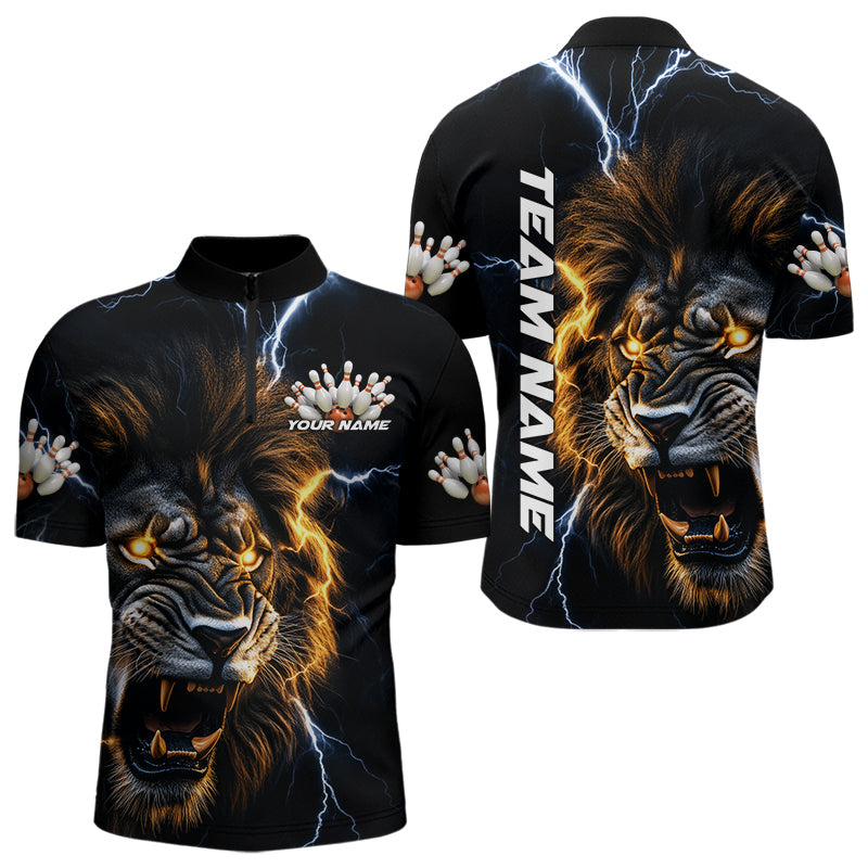 Custom Blue Thunder Lightning Lion Bowling Team Men Quarter-Zip Shirts, Lion Bowling League Shirt IPHW8986