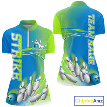 Load image into Gallery viewer, Custom Blue And Green Strike Bowling Quarter-Zip Shirts For Women, Bowling Team Jersey IPHW9234
