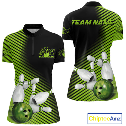 Custom Black And Green Bowling Quarter-Zip Shirts For Women, Green Bowling Jerseys IPHW9400