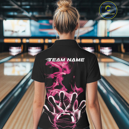 Custom Pink Smoke Bowling Polo Team Shirts For Women, Flame Bowling League Shirt IPHW9564