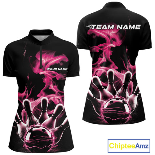 Custom Pink Smoke Bowling Quarter-Zip Team Shirts For Women, Flame Bowling League Shirt IPHW9564