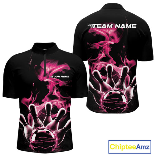 Custom Pink Smoke Bowling Quarter-Zip Team Shirts For Men, Flame Bowling League Shirt IPHW9564