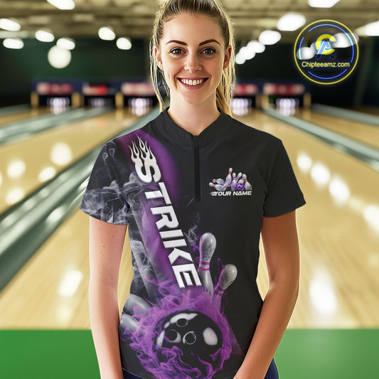 Custom Purple Flame Strike Bowling Team Women Quarter-Zip Shirt, Fire Bowling Jerseys IPHW9571