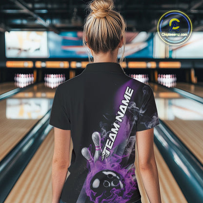 Custom Purple Flame Strike Bowling Team Women Quarter-Zip Shirt, Fire Bowling Jerseys IPHW9571
