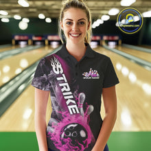 Load image into Gallery viewer, Custom Pink Flame Strike Bowling Team Polo Shirts For Women, Fire Bowling Jerseys IPHW9573