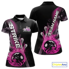 Load image into Gallery viewer, Custom Pink Flame Strike Bowling Team Polo Shirts For Women, Fire Bowling Jerseys IPHW9573