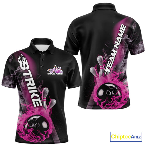 Custom Pink Flame Strike Bowling Team Polo Shirts For Men, Fire Bowling Jerseys IPHW9573