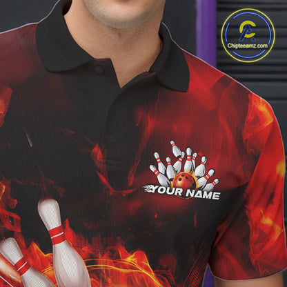 Custom Fire Flame Skull Bowling Polo Shirts For Men, Halloween Bowling Outfits IPHW9575