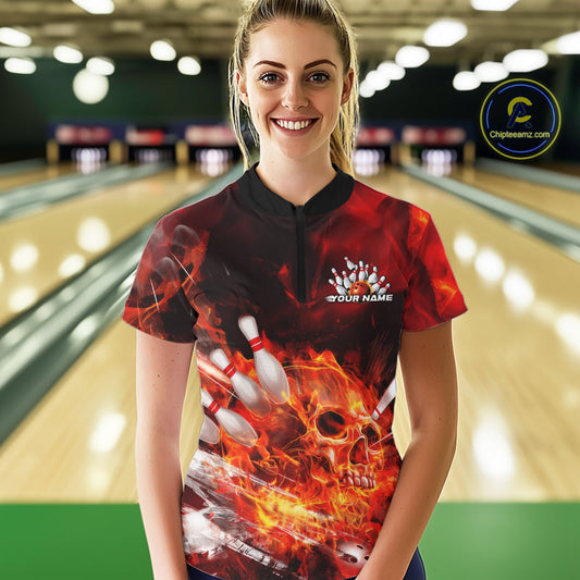 Custom Fire Flame Skull Bowling Quarter-Zip Shirts For Women, Halloween Bowling Outfits IPHW9575
