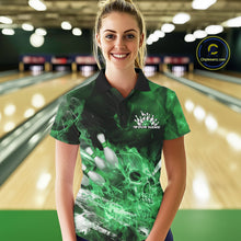 Load image into Gallery viewer, Custom Green Fire Flame Skull Bowling Polo Shirts For Women, Halloween Bowling Outfits IPHW9577