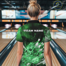 Load image into Gallery viewer, Custom Green Fire Flame Skull Bowling Women Quarter-Zip Shirt, Halloween Bowling Outfits IPHW9577