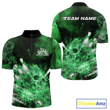 Load image into Gallery viewer, Custom Green Fire Flame Skull Bowling Quarter-Zip Shirts For Men, Halloween Bowling Outfits IPHW9577