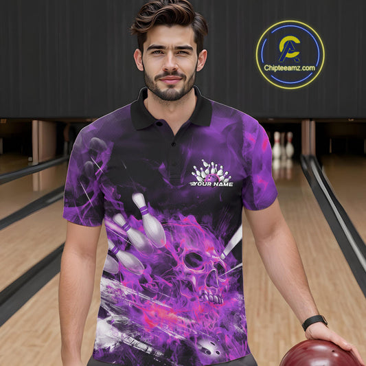 Custom Purple Fire Flame Skull Bowling Polo Shirts For Men, Halloween Bowling Outfits IPHW9578
