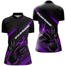 Load image into Gallery viewer, Custom Black And Purple Flame Bowling Shirts For Women, Bowling Team Bowling League Shirts IPHW7288