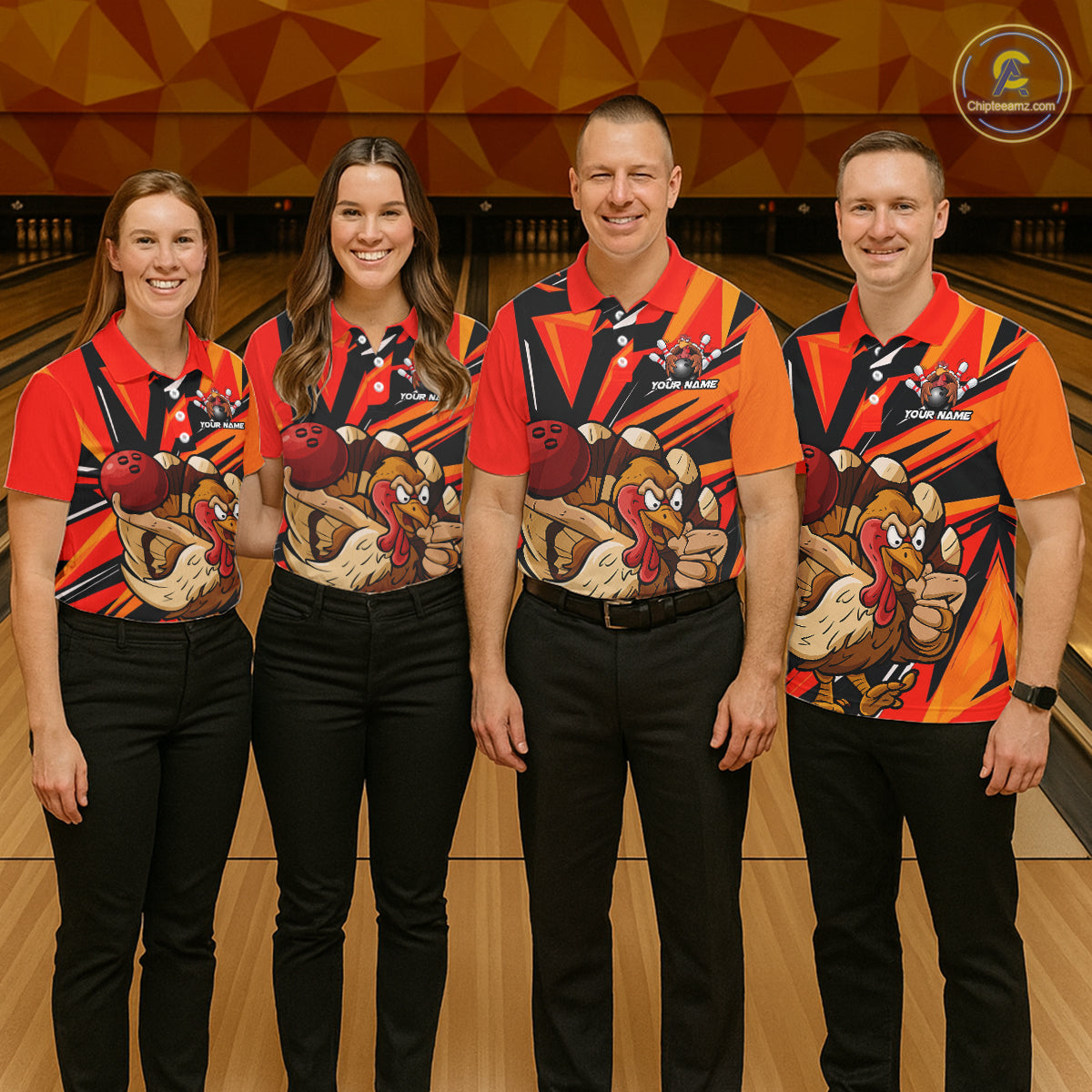 Custom Funny Turkey Bowling Shirts For Women, Orange Thanksgiving Bowling Shirt Team Uniform IPHW7587