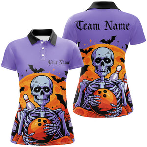 Purple Custom Halloween Bowling Shirts For Women, Skull Bowling Team Shirt Halloween Outfit IPHW7599