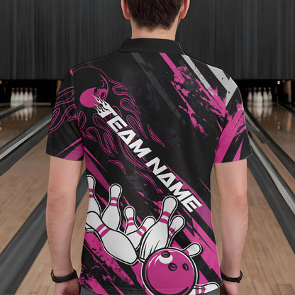 Grunge Black And Pink Custom Flame Bowling Team Polo Shirts For Men, Bowling League Shirt IPHW8525