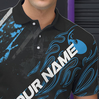 Grunge Black And Blue Custom Flame Bowling Team Polo Shirts For Men, Bowling League Shirt IPHW8526