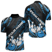 Load image into Gallery viewer, Grunge Black And Blue Custom Flame Bowling Team Quarter-Zip Shirts For Men, Bowling League Shirt IPHW8526