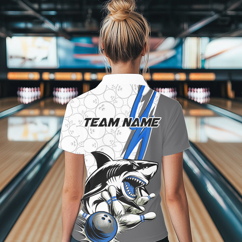 Custom Blue Shark Bowling Polo Shirts For Women, Shark Bowling Team Tournament Outfits IPHW8729