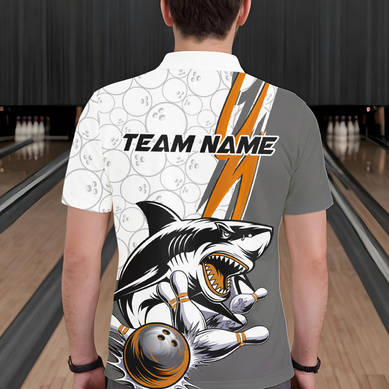 Custom Orange Shark Bowling Polo Shirts For Men, Shark Bowling Team Tournament Outfits IPHW8730