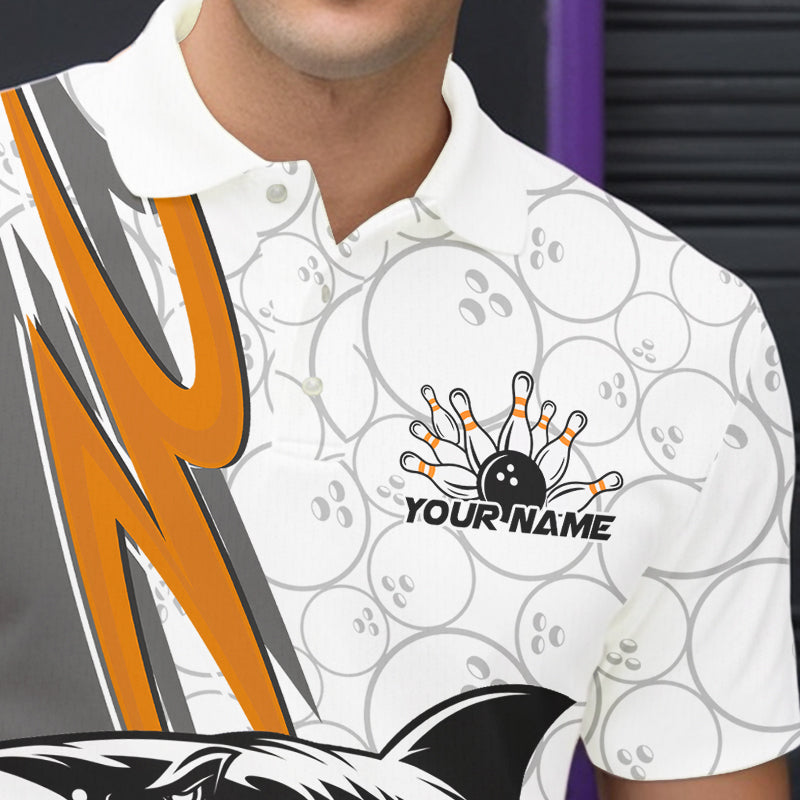 Custom Orange Shark Bowling Polo Shirts For Men, Shark Bowling Team Tournament Outfits IPHW8730