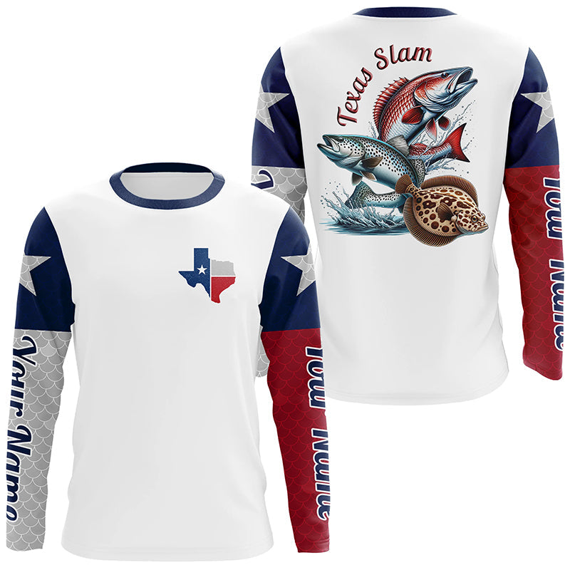 Custom Texas Flag Fishing Shirts, Texas Slam Redfish, Trout, Fllounder Long Sleeve Shirts IPHW6228