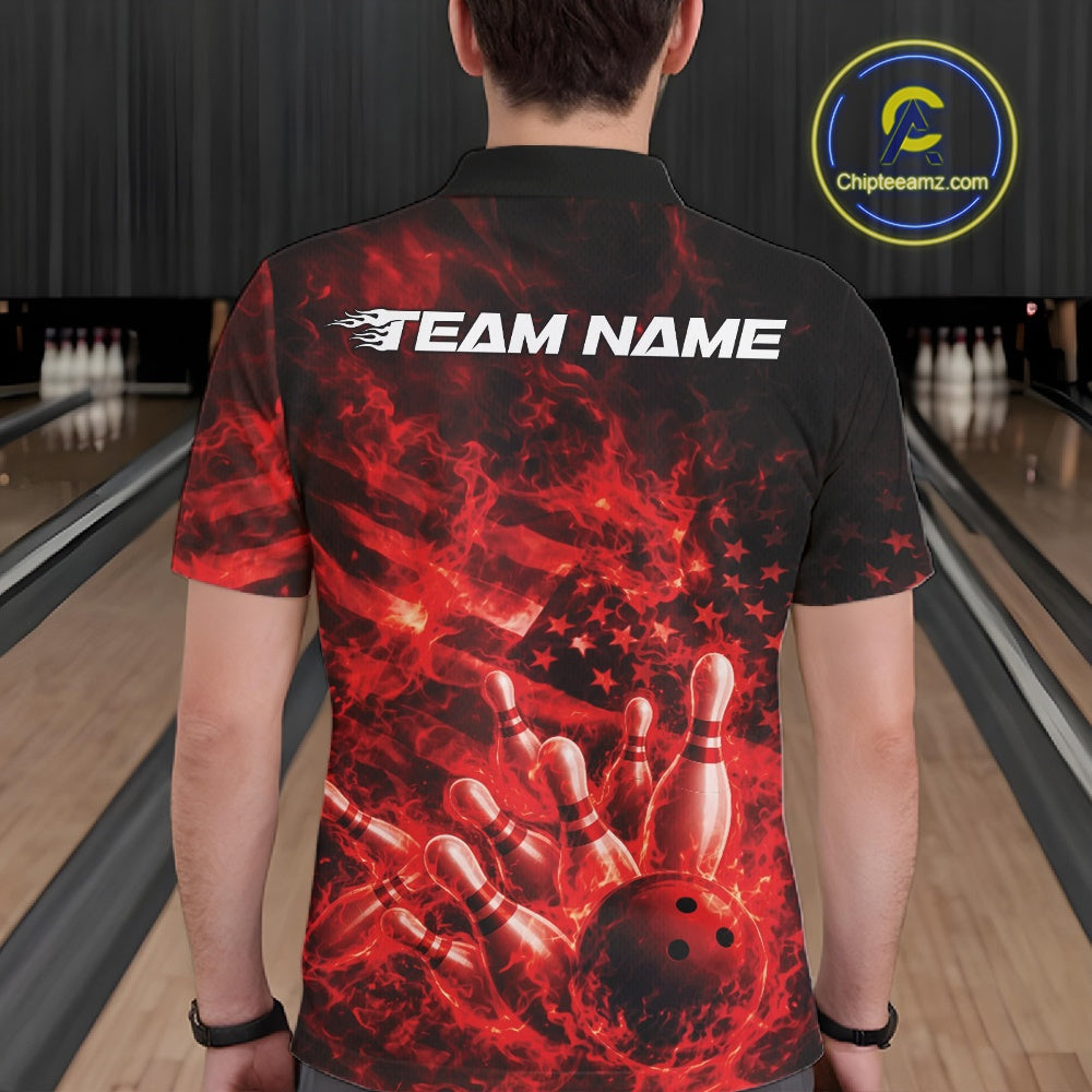 Back view of a mens black and red bowling polo displaying bowling pins, flames, and patriotic accents.
