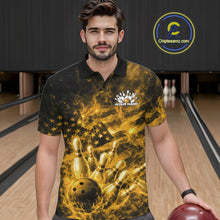 Load image into Gallery viewer, Custom Yellow Fire Patriotic Bowling Men Polo Shirt, American Flag Flame Bowling Jersey IPHW11108