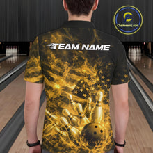 Load image into Gallery viewer, Custom Yellow Fire Patriotic Bowling Men Polo Shirt, American Flag Flame Bowling Jersey IPHW11108