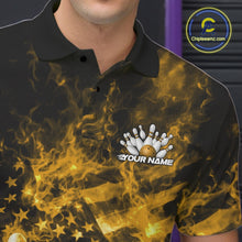 Load image into Gallery viewer, Custom Yellow Fire Patriotic Bowling Men Polo Shirt, American Flag Flame Bowling Jersey IPHW11108