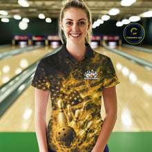Load image into Gallery viewer, Custom Yellow Fire Patriotic Bowling Women Polo Shirt, American Flag Flame Bowling Jersey IPHW11108
