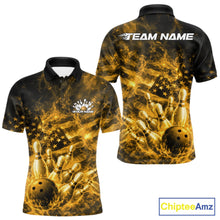 Load image into Gallery viewer, Custom Yellow Fire Patriotic Bowling Men Polo Shirt, American Flag Flame Bowling Jersey IPHW11108