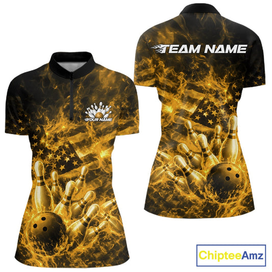 Front and back womens black and yellow bowling quarter-zip featuring a bowling ball smashing through pins with blazing flame artwork.