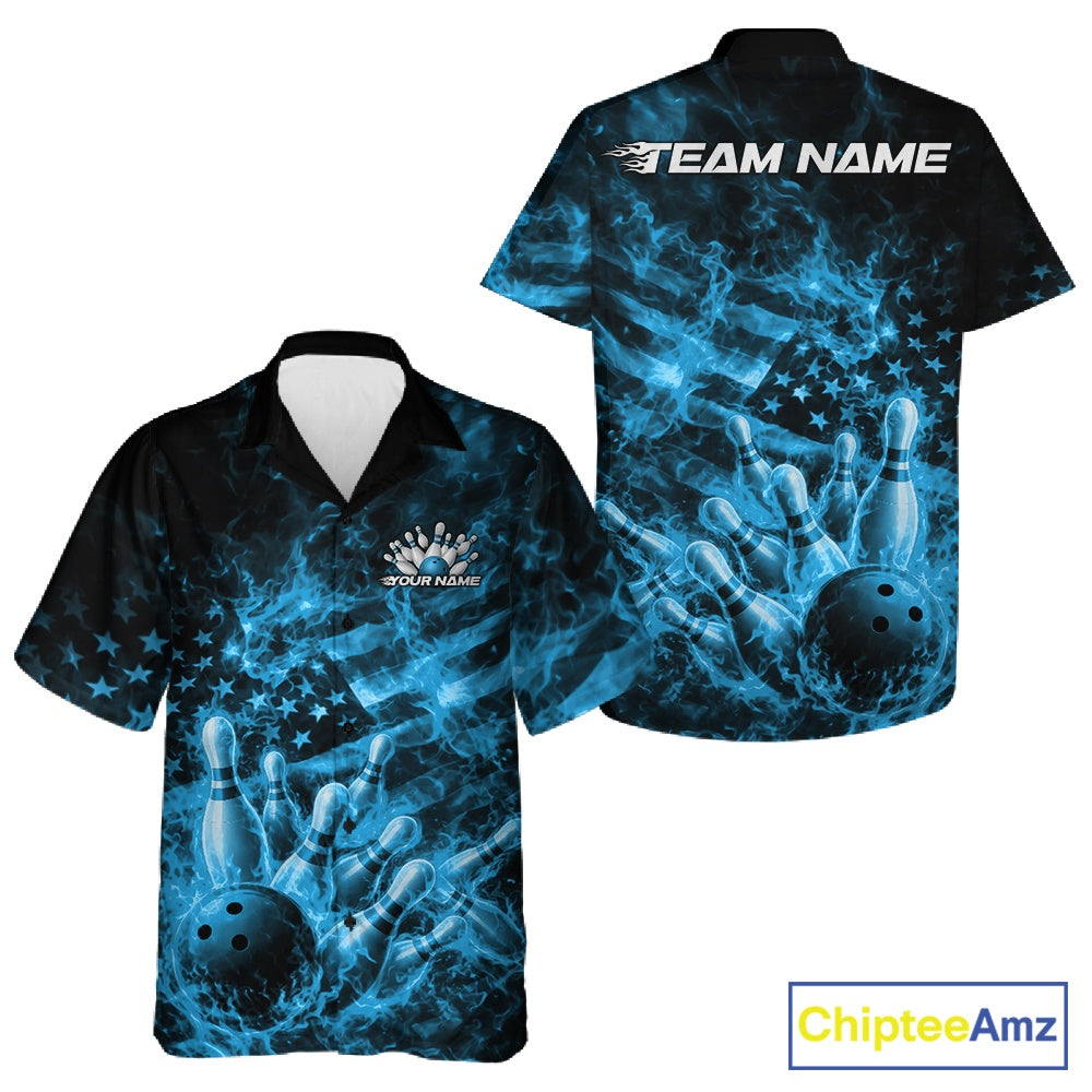 Black and blue button-up bowling shirt mockup showcasing a bowling ball crashing through pins with flames and patriotic accents.