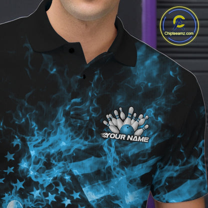 Close-up of the left chest on a black and blue bowling polo with flaming bowling strike graphics.