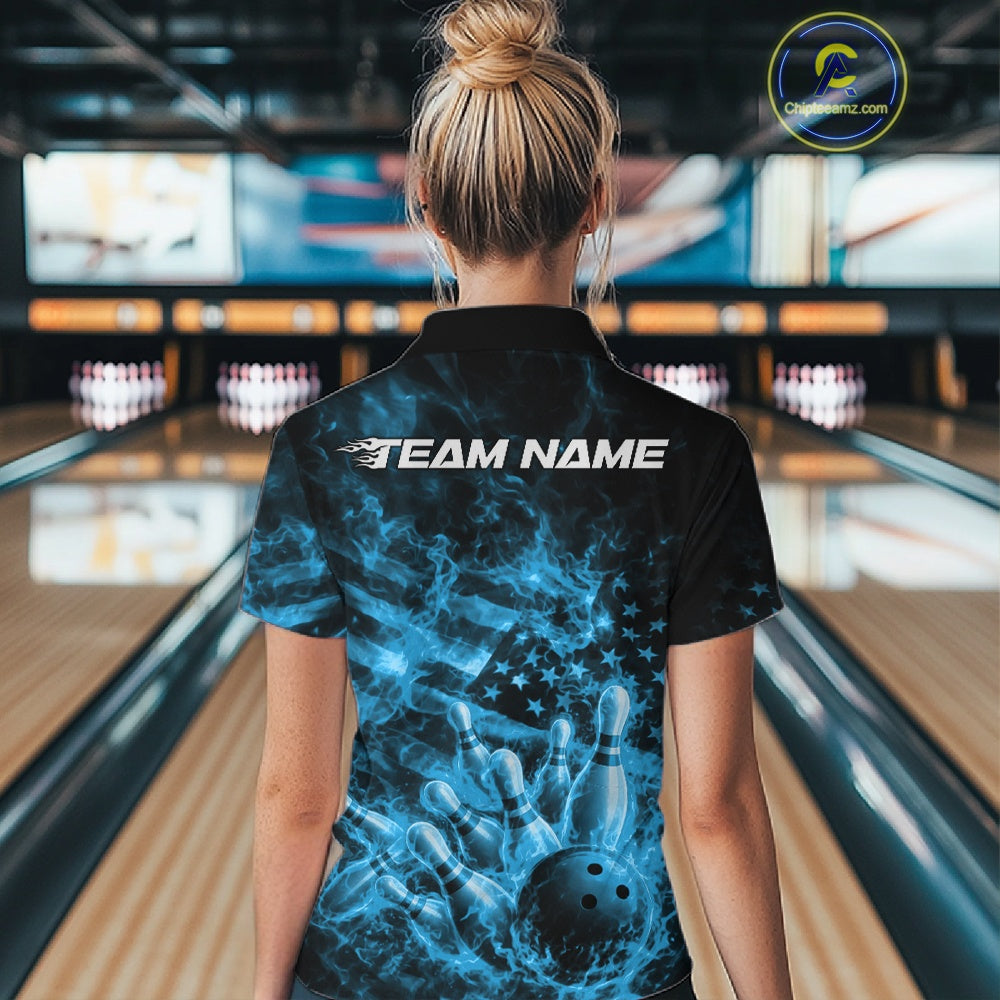 Back view of a womens black and blue bowling polo showcasing flames, bowling pins, and American flag accents.