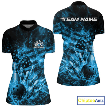 Front and back views of a womens black and blue bowling quarter-zip featuring a bowling ball crashing through pins with flames.